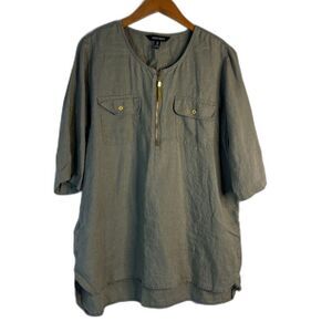 Ellen Tracy Scoop Neck Gold 1/4 Zip 3/4 Sleeve 100% Linen Side Slit Blouse LG